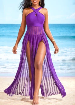 Double Slit Mesh Purple Beach Dress
