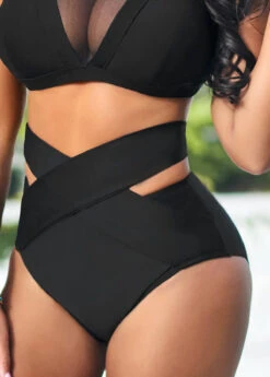 Cross Strap High Waisted Black Bikini Bottom -Rosewe Swimwear Store 319070 P 16697766701372