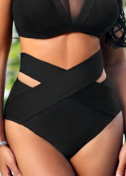 Cross Strap High Waisted Black Bikini Bottom