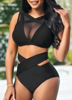 Cross Strap High Waisted Black Bikini Bottom -Rosewe Swimwear Store 319070 P 16697766709083