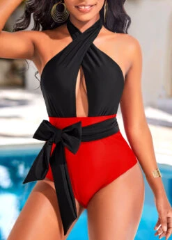 Criss Cross Red Bowknot One Piece Swimwear