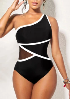 Contrast Binding Black Asymmetric One Piece Swimwear -Rosewe Swimwear Store 321008 P 1672737226655