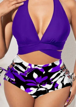 Purple High Waisted Floral Print Bikini Bottom -Rosewe Swimwear Store 321432 P 1670899492564