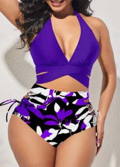 Purple High Waisted Floral Print Bikini Bottom -Rosewe Swimwear Store 321432 P 1670899493815
