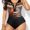 Animal Print Lace Up Black One Piece Swimwear