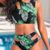 Mid Waisted Leaf Print Cut Out Black Bikini Set -Rosewe Swimwear Store 322576 P 16723078388790