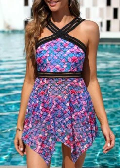 Mid Waisted Fish Scales Print Swimdress And Panty