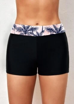 Mid Waisted Black Tropical Plants Print Swim Shorts