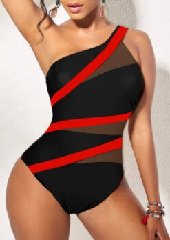 Contrast Asymmetry Black One Piece Swimwear