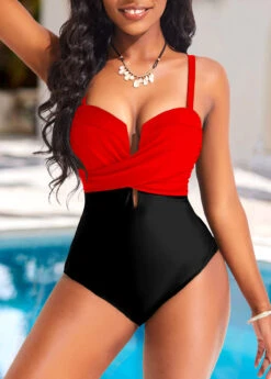 Contrast Criss Cross Red One Piece Swimwear