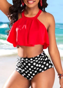 High Waisted Polka Dot Ruffle Red Bikini Set -Rosewe Swimwear Store 323958 P 16775610756052
