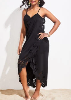 Spaghetti Strap Scalloped Hem Black Cover Up -Rosewe Swimwear Store 324619 P 16764560138693