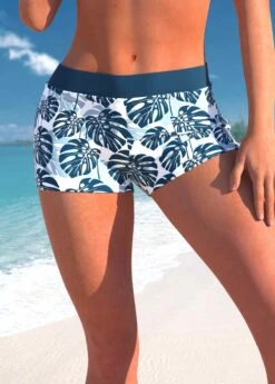 Mid Waisted Peacock Blue Tropical Plants Print Swim Shorts