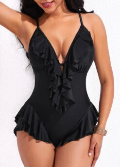 Tie Back Ruffle Black One Piece Swimwear