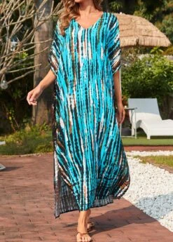 Side Slit Tie Dye Print Cyan Cover Up Dress