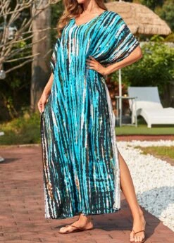 Side Slit Tie Dye Print Cyan Cover Up Dress -Rosewe Swimwear Store 325541 P 16780904703072