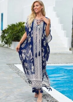 Tribal Print Tassel Tie Cold Shoulder Cover Up -Rosewe Swimwear Store 325664 P 1675658987144