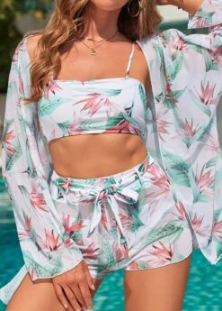 High Waisted Leaf Print Bowknot Bikini Set