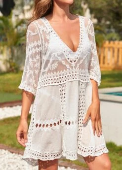V Neck Lace White Cover Up -Rosewe Swimwear Store 326126 P 16780904474173