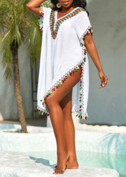 Tassel White Patchwork Weave Cover Up -Rosewe Swimwear Store 326261 P 16789341473323