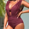 Dark Reddish Purple Ruched Bikini Set 2 Dark Reddish Purple Ruched Bikini Set -Rosewe Swimwear Store 326462 P 16789343617040