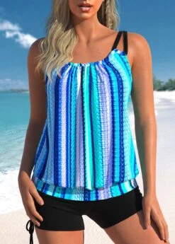 Striped Ruched Neon Blue Tankini Top-No Bottom