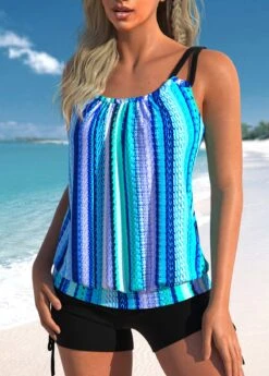 Striped Ruched Neon Blue Tankini Top-No Bottom -Rosewe Swimwear Store 326508 P 1677548692588