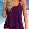 Wide Strap Cross Hem Dark Purple Tankini Top-No Bottom