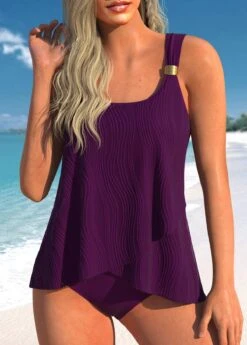 Wide Strap Cross Hem Dark Purple Tankini Top-No Bottom