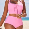 High Waisted Circular Ring Pink Bikini Set -Rosewe Swimwear Store 327010 P 16848400954660