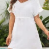 Short Sleeve Drawstring White Cover Up -Rosewe Swimwear Store 327131 P 16820716891910
