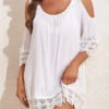 Tie Back Lace Patchwork White Cover Up -Rosewe Swimwear Store 327140 P 16805029053862