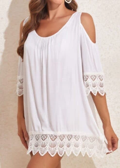 Tie Back Lace Patchwork White Cover Up -Rosewe Swimwear Store 327140 P 16805029054793