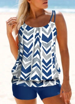 Double Straps Geometric Print Blue Tankini Top-No Bottom -Rosewe Swimwear Store 327313 P 1677045932515
