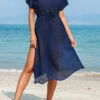 Side Slit Drawstring Navy Cover Up Dress -Rosewe Swimwear Store 327870 P 16798827500300