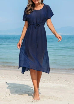 Side Slit Drawstring Navy Cover Up Dress 11 Side Slit Drawstring Navy Cover Up Dress -Rosewe Swimwear Store 327870 P 16798827503503