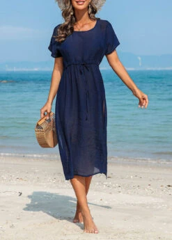 Side Slit Drawstring Navy Cover Up Dress 13 Side Slit Drawstring Navy Cover Up Dress -Rosewe Swimwear Store 327870 P 16798827503965