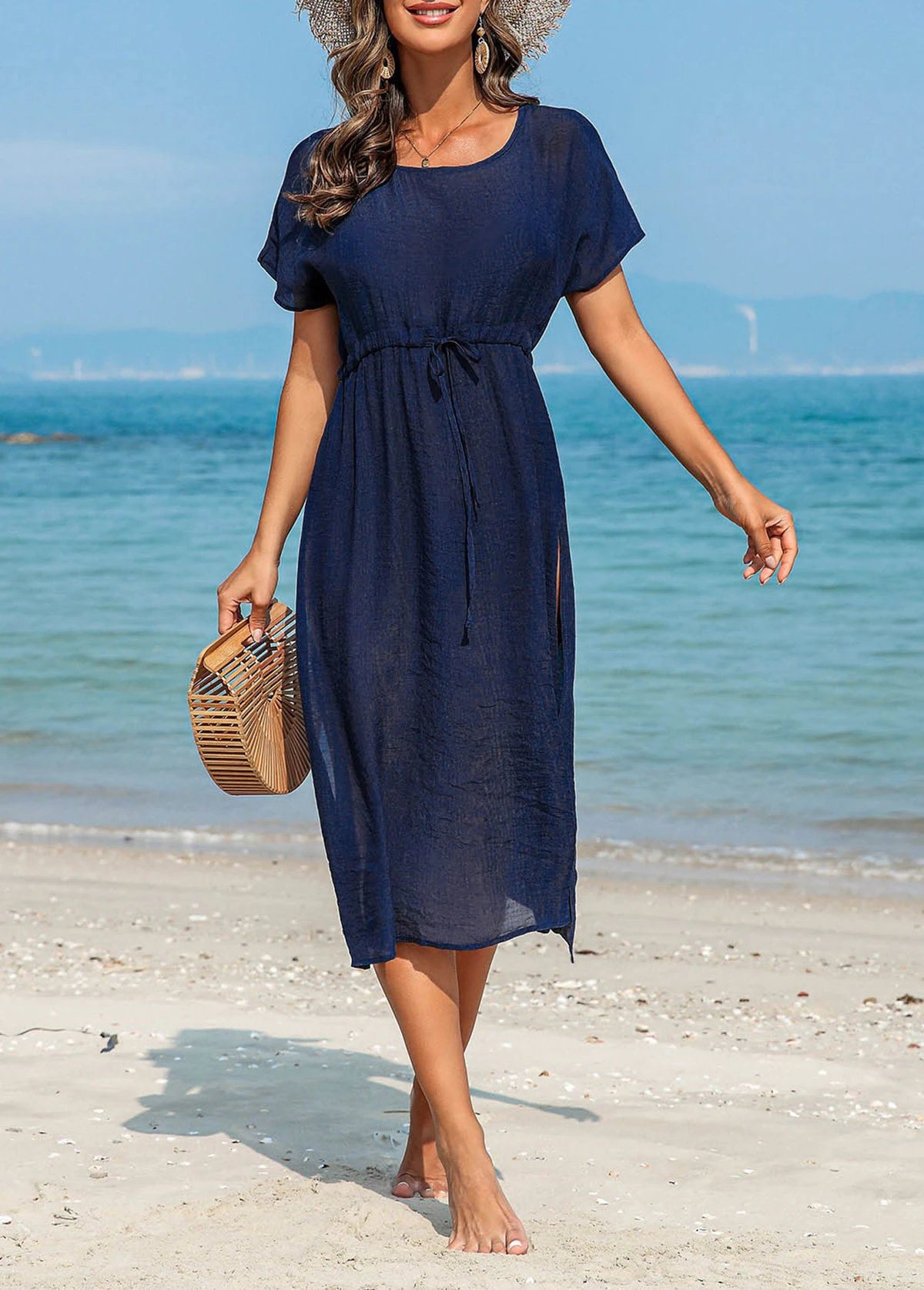 Side Slit Drawstring Navy Cover Up Dress 8 Side Slit Drawstring Navy Cover Up Dress - Image 6