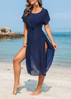 Side Slit Drawstring Navy Cover Up Dress 10 Side Slit Drawstring Navy Cover Up Dress -Rosewe Swimwear Store 327870 P 16798827505142