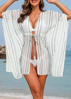 Striped Drawstring White Half Sleeve Cover Up 11 Striped Drawstring White Half Sleeve Cover Up -Rosewe Swimwear Store 328401 P 16796269560140