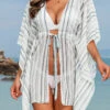 Striped Drawstring White Half Sleeve Cover Up -Rosewe Swimwear Store 328401 P 16796269561264