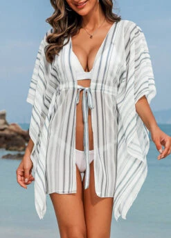 Striped Drawstring White Half Sleeve Cover Up