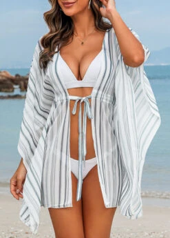 Striped Drawstring White Half Sleeve Cover Up 12 Striped Drawstring White Half Sleeve Cover Up -Rosewe Swimwear Store 328401 P 16796269564853