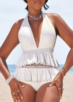 Burn Out Printing Lace White One Piece Swimwear