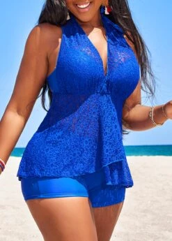High Waisted Lace Royal Blue Tankini Set -Rosewe Swimwear Store 328611 P 16808633416642