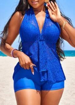 High Waisted Lace Royal Blue Tankini Set -Rosewe Swimwear Store 328611 P 16808633418074