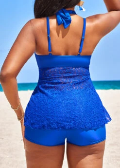 High Waisted Lace Royal Blue Tankini Set -Rosewe Swimwear Store 328611 P 16808633419871