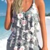 Mid Waisted Floral Print Layered Grey Tankini Set