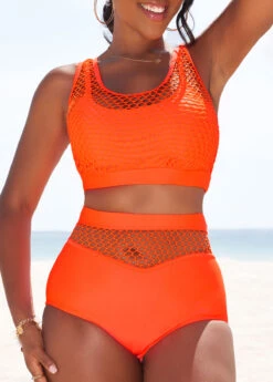 High Waisted Mesh Patchwork Orange Bikini Set -Rosewe Swimwear Store 329076 P 16857047435873