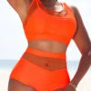 High Waisted Mesh Patchwork Orange Bikini Set 1 High Waisted Mesh Patchwork Orange Bikini Set -Rosewe Swimwear Store 329076 P 16857047437220